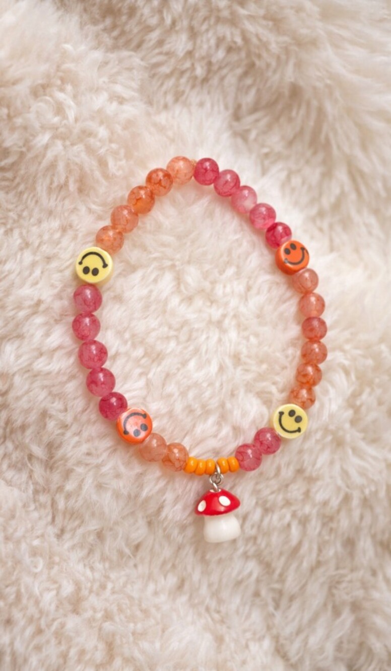 Smiley Bead Bracelet with Red Mushroom Charm - Red & Orange